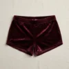 Front view of marron custom velvet booty shorts.