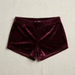Front view of marron custom velvet booty shorts.