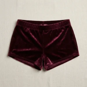 Front view of marron custom velvet booty shorts.