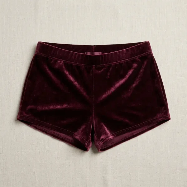 Front view of marron custom velvet booty shorts.