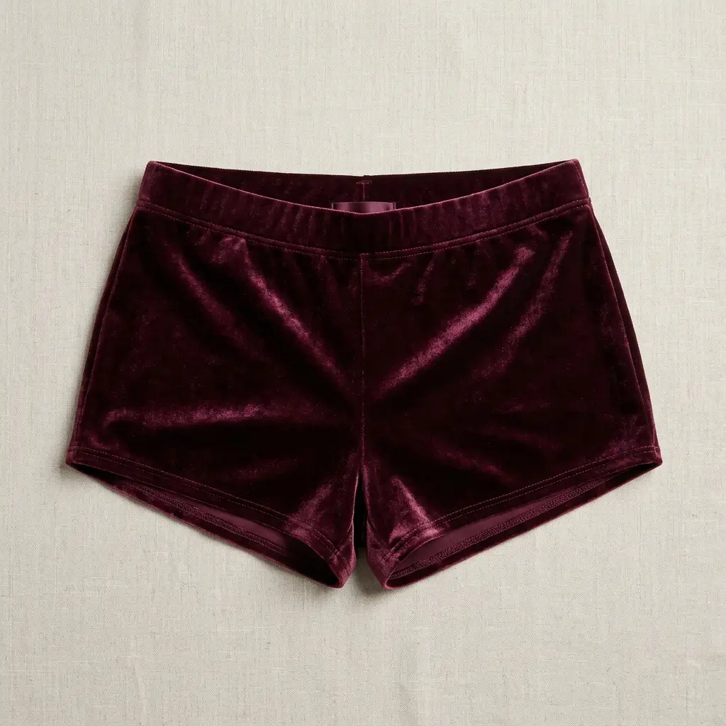 Front view of marron custom velvet booty shorts.