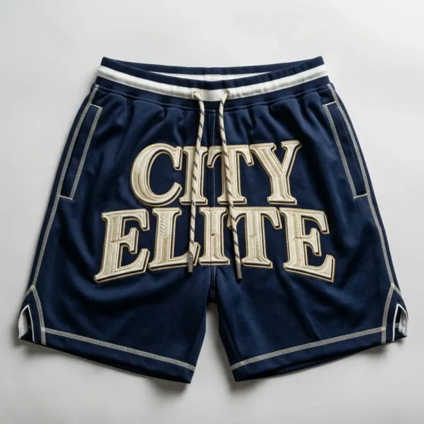Embroidered basketball shorts.