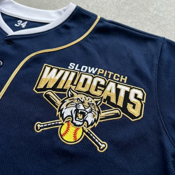 Embroidered slowpitch softball jersey closeup.