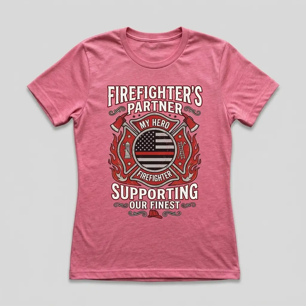 Heather pink firefighter girlfriend t-shirt front.