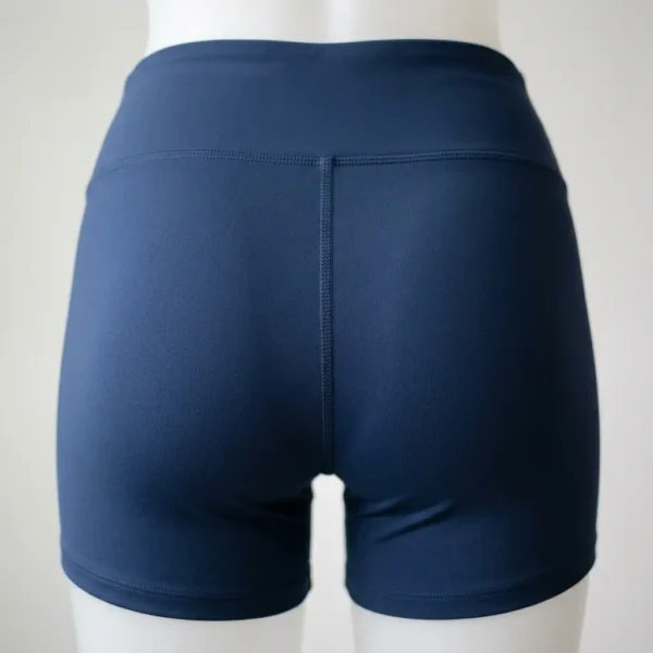 Back view of invisible scrunch blue booty shorts.