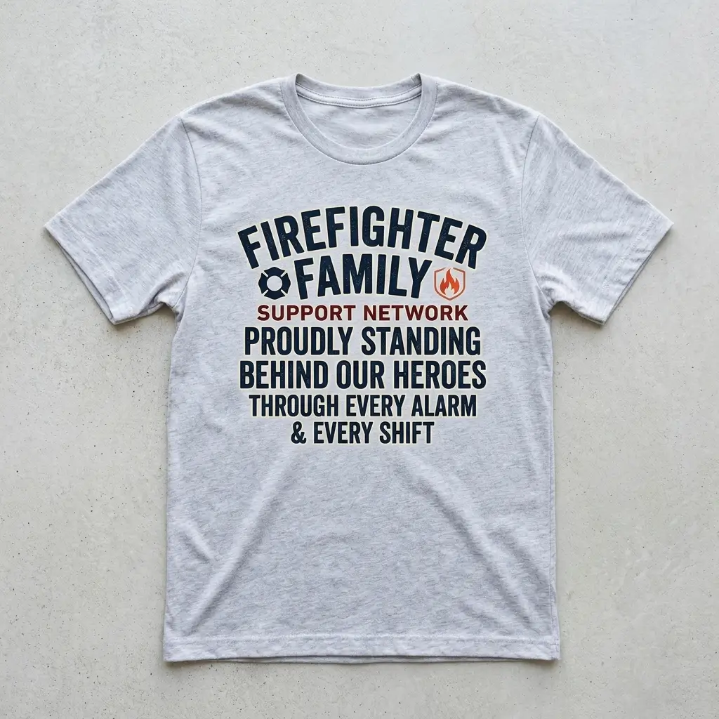 Light heather gray family support firefighter t-shirt front.