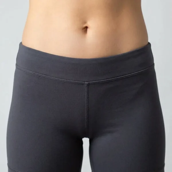 Closeup front view of mid-rise gray custom booty shorts.