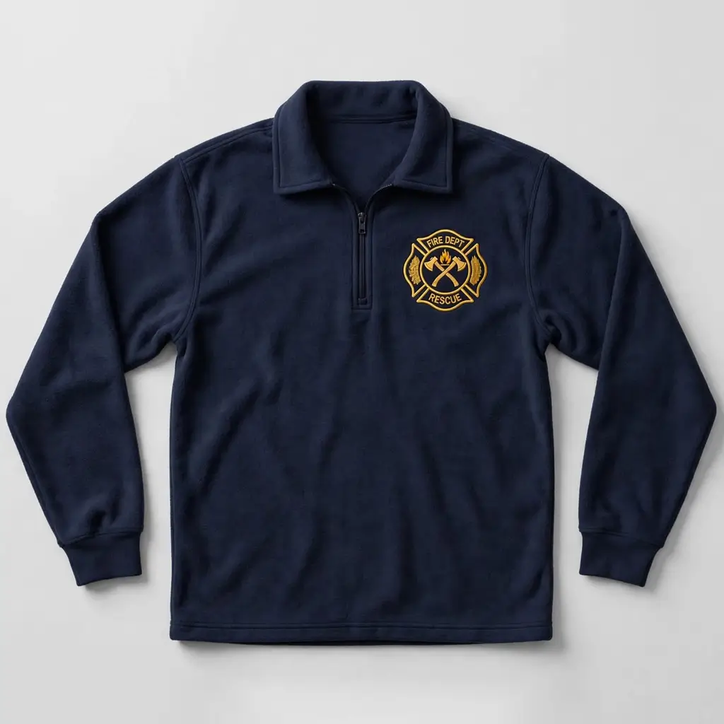 Navy blue fleece firefighter duty shirt front.