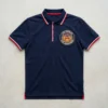 Navy embroidered firefighter polo shirt front.