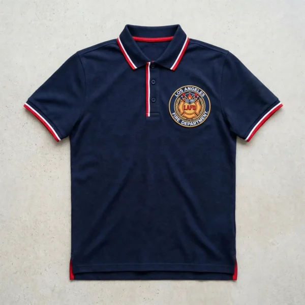 Navy embroidered firefighter polo shirt front.