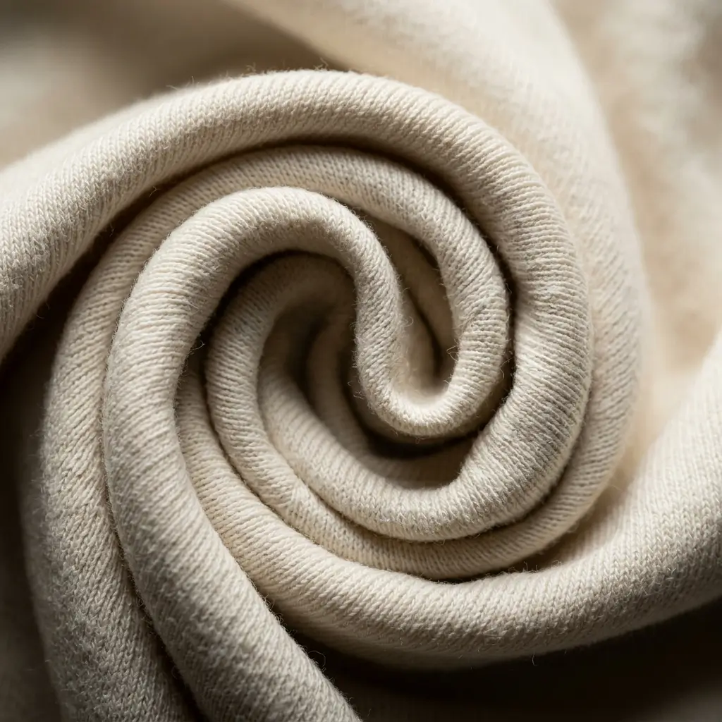 A closeup shot of an off-white cotton-spandex fabric.
