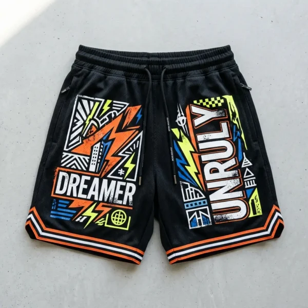 Screen printed basketball shorts.