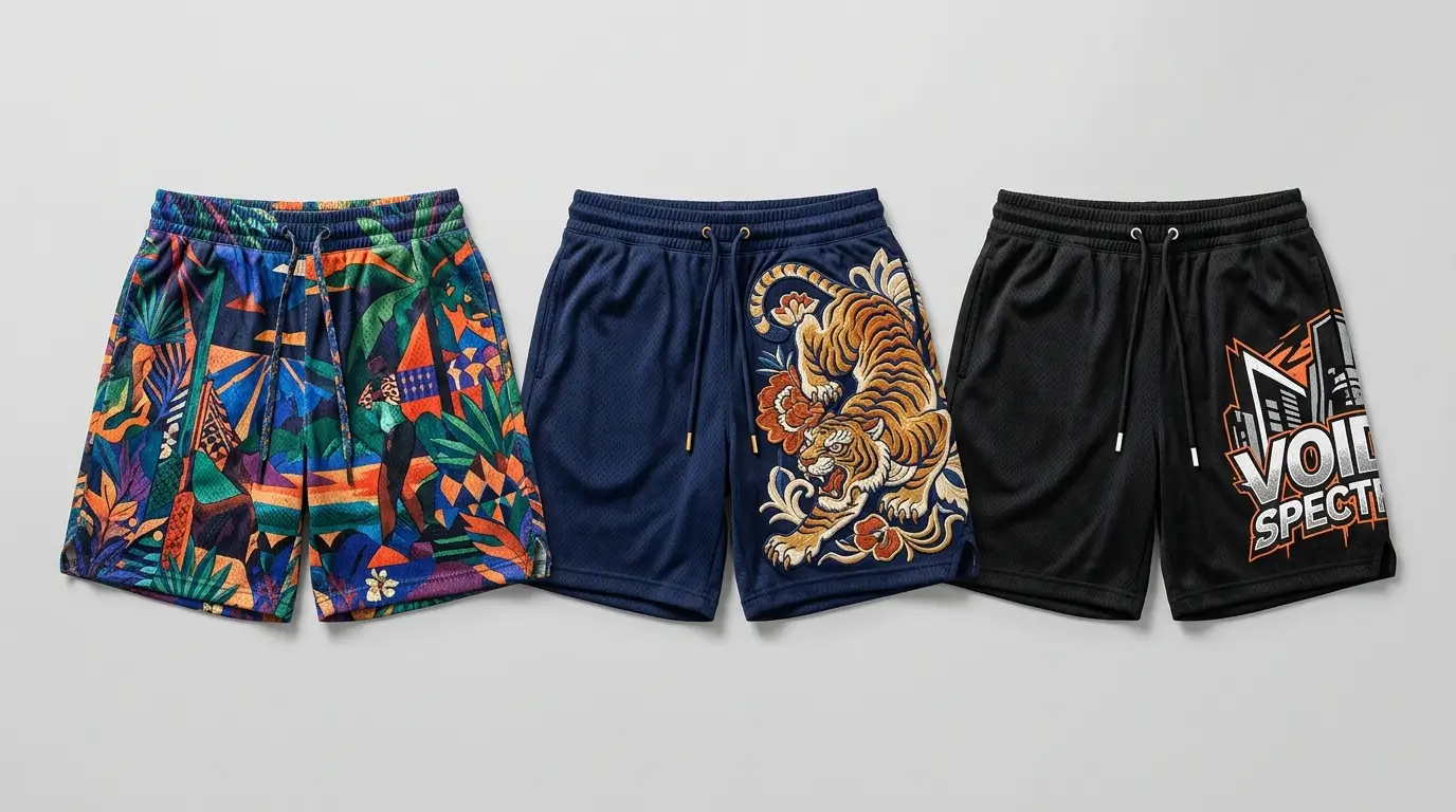 Sublimated, embroidered, and screen printed custom basketball shorts.