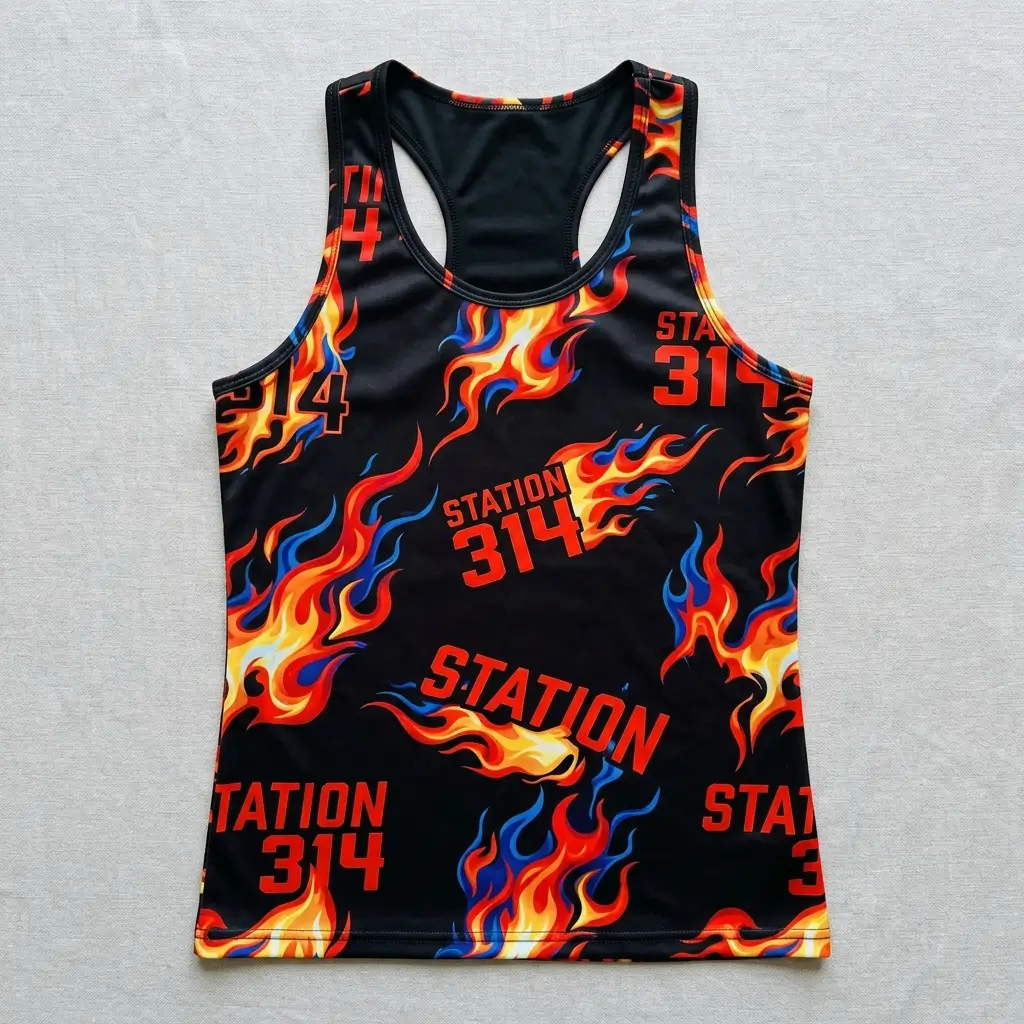 Sublimated firefighter workout tank top front.