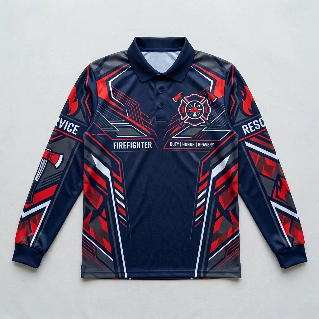 Sublimated long sleeve firefighter polo shirt front.