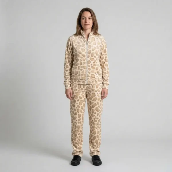 Front view of a woman wearing beige textured spotted animal print velour tracksuit.