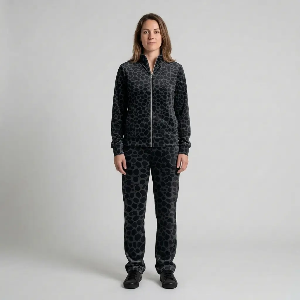 Front view of a woman wearing black charcoal spotted animal print velour tracksuit.
