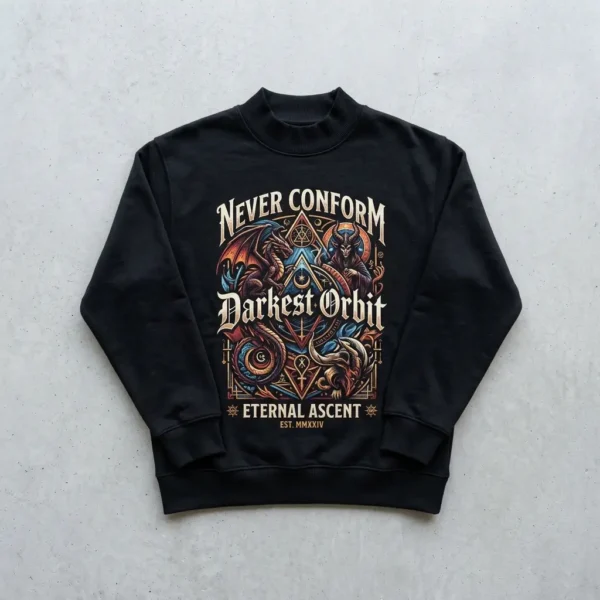 Black DTG printed mock neck sweatshirt front.