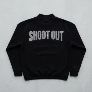 Black rhinestone mock neck sweatshirt back.