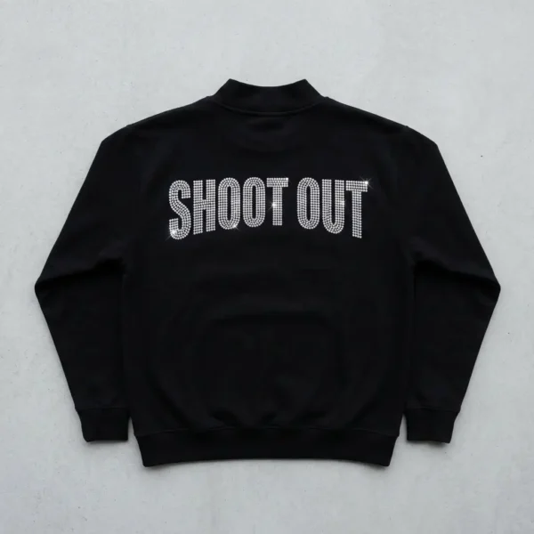 Black rhinestone mock neck sweatshirt back.