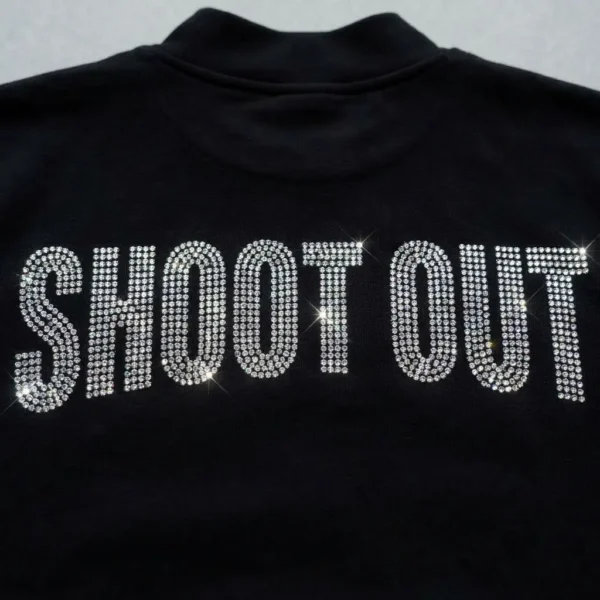 Black rhinestone mock neck sweatshirt back closeup.