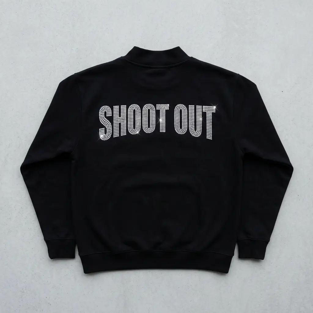 Black rhinestone mock neck sweatshirt back.