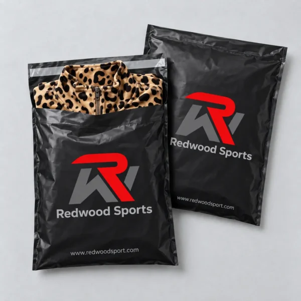Custom branded poly bags with all-over-printed velour tracksuit.