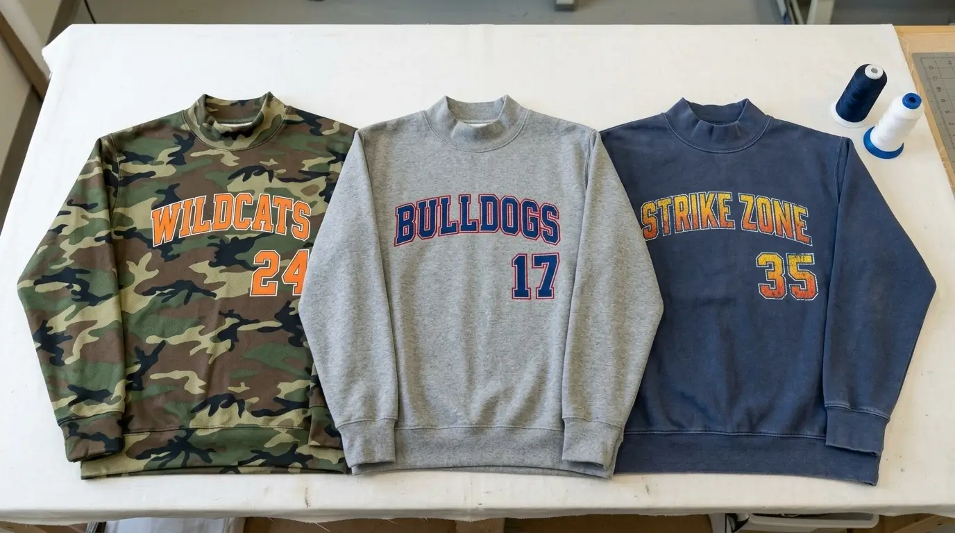 Camo gray blue custom mock neck sweatshirts.