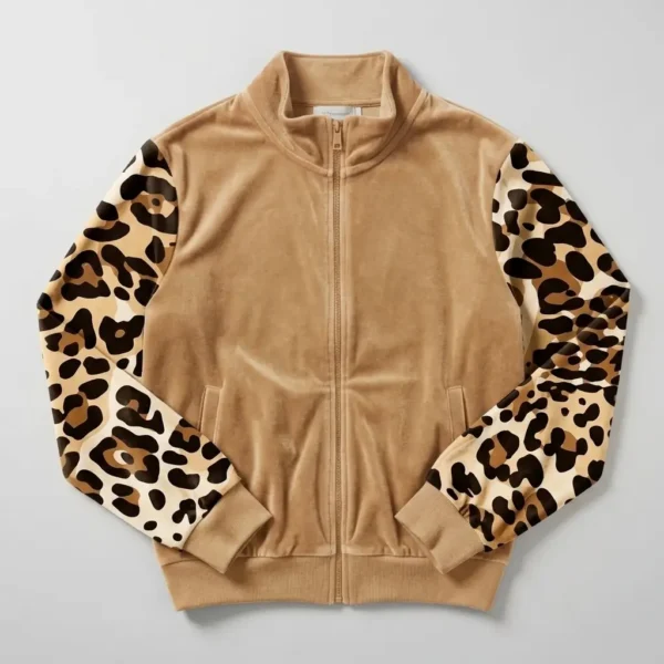 A caramel cream velour track jacket with leopard print set-in sleeves.