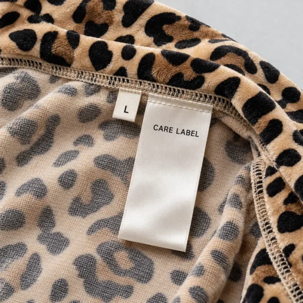 Closeup of leopard printed velour track jacket from inside with custom care and size labels.