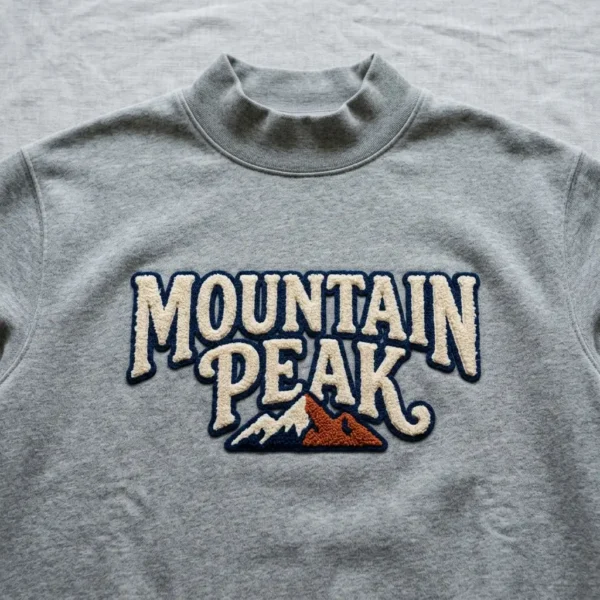 Chenille embroidered mock neck sweatshirt closeup.