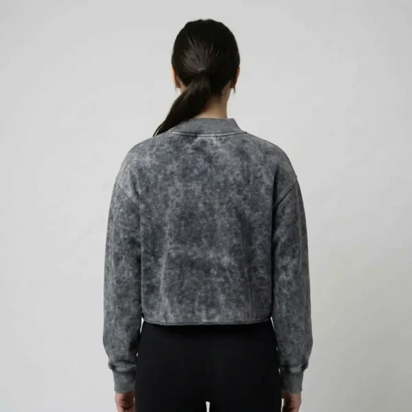 Cropped acid washed mock neck sweatshirt back.