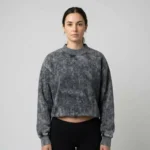 Cropped acid washed mock neck sweatshirt front.