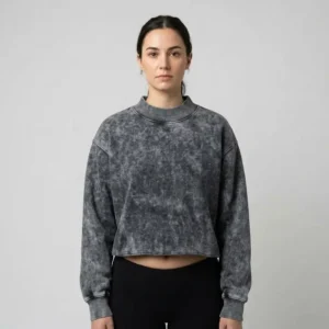 Cropped acid washed mock neck sweatshirt front.