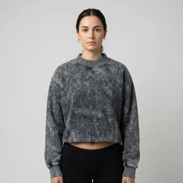 Cropped acid washed mock neck sweatshirt front.