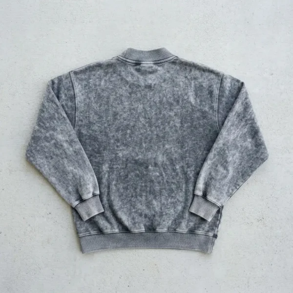 Custom acid washed mock neck sweatshirt back.