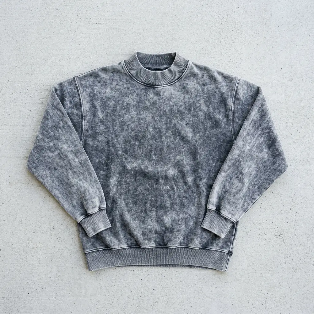 Custom acid washed mock neck sweatshirt front.