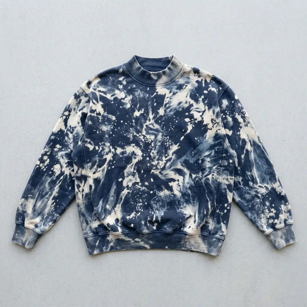 Custom bleach washed mock neck sweatshirt front.