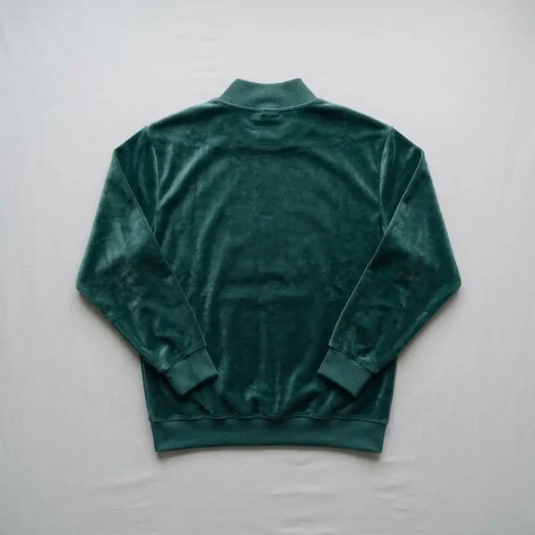 Custom green velour mock neck sweatshirt back.