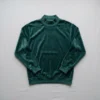 Custom green velour mock neck sweatshirt front.