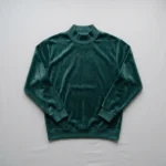Custom green velour mock neck sweatshirt front.