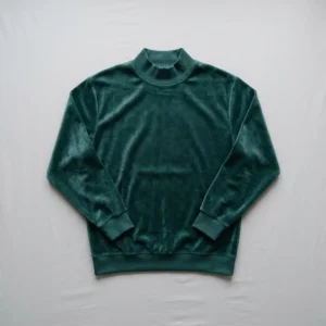 Custom green velour mock neck sweatshirt front.