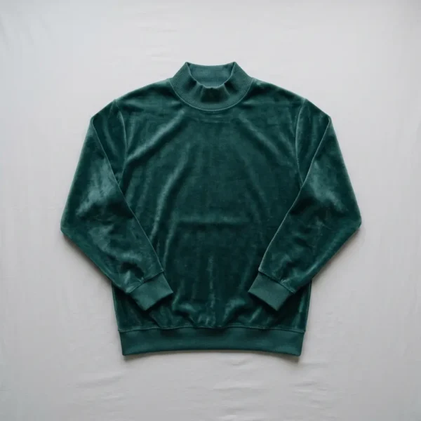 Custom green velour mock neck sweatshirt front.