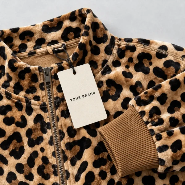 Closeup view of the collar of an all-over-printed leopard velour track jacket with custom hang tag.