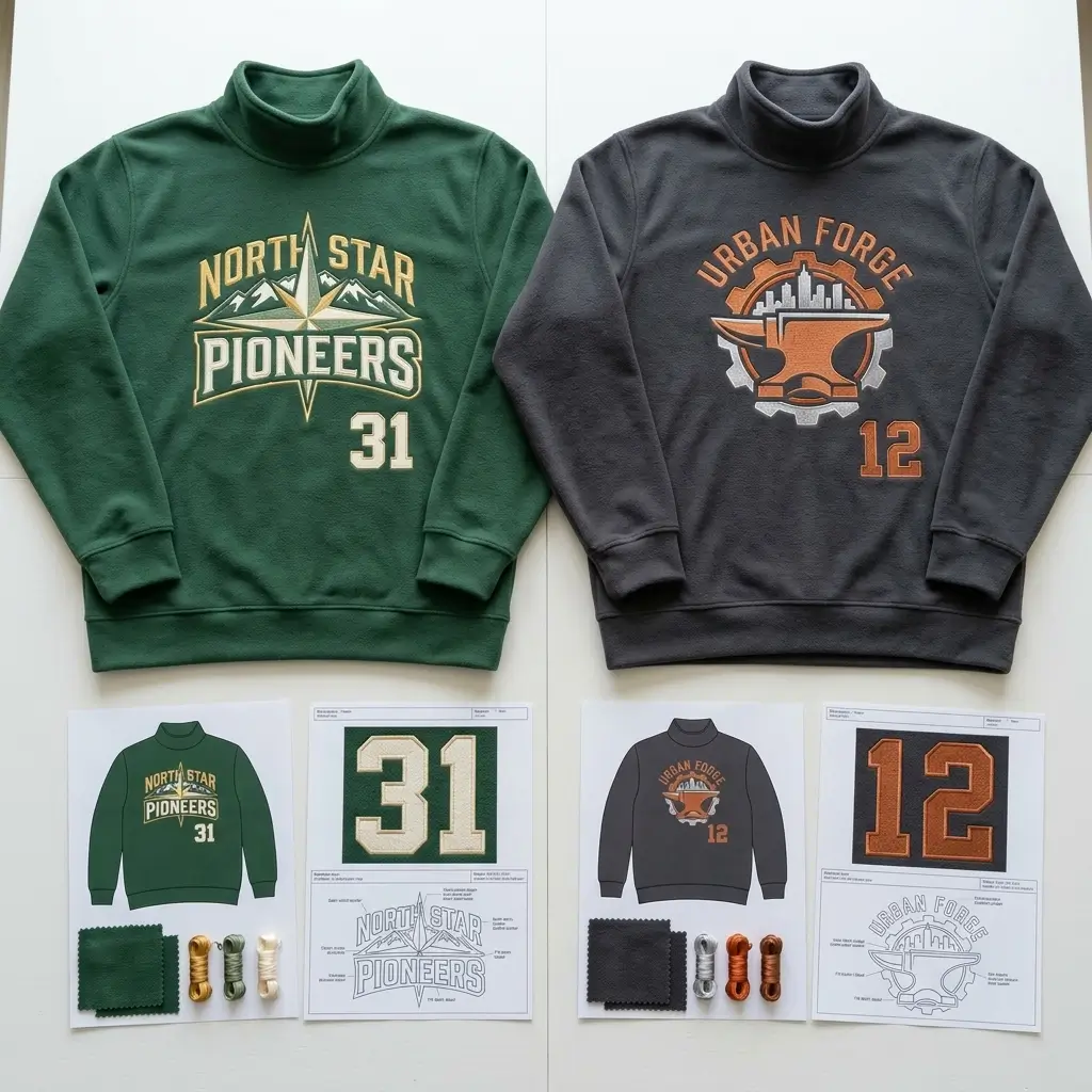 Custom made embroidered mock neck sweatshirts with design sheets.