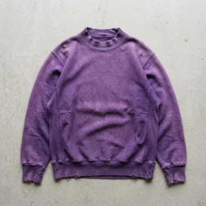Custom purple distressed mock neck sweatshirt front.