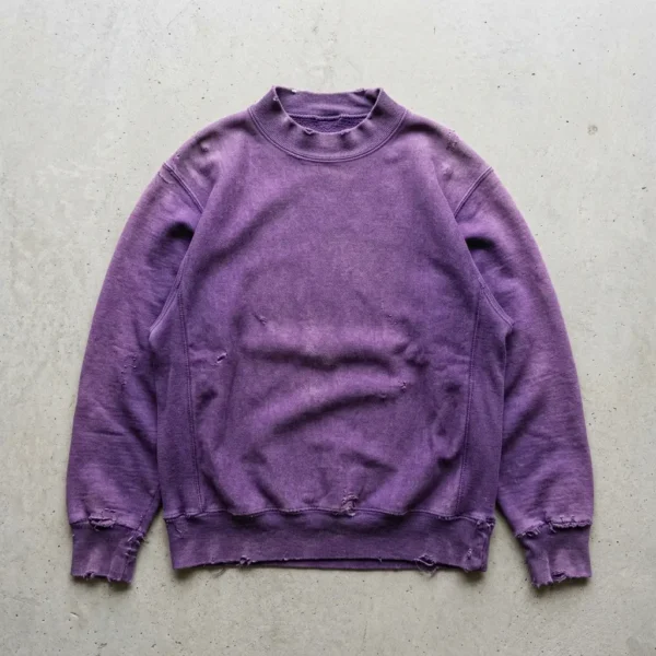 Custom purple distressed mock neck sweatshirt front.