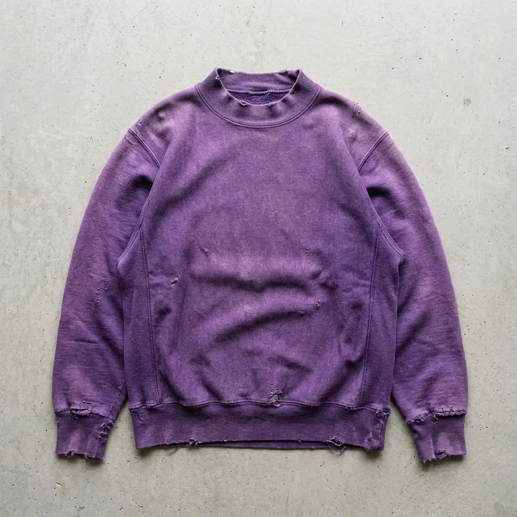 Custom purple distressed mock neck sweatshirt front.
