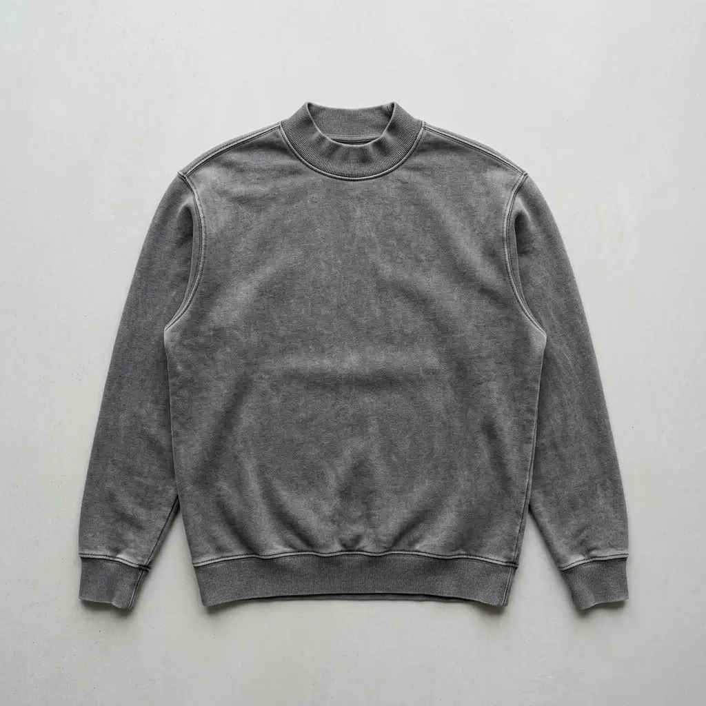 Custom stone washed mock neck sweatshirt front.