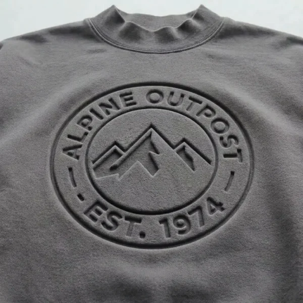 Debossed mock neck sweatshirt closeup.
